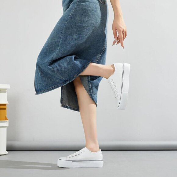 Women's White PU Leather Platform Sneakers Casual Low Top Shoes Rubber Sole - Picture 6 of 6